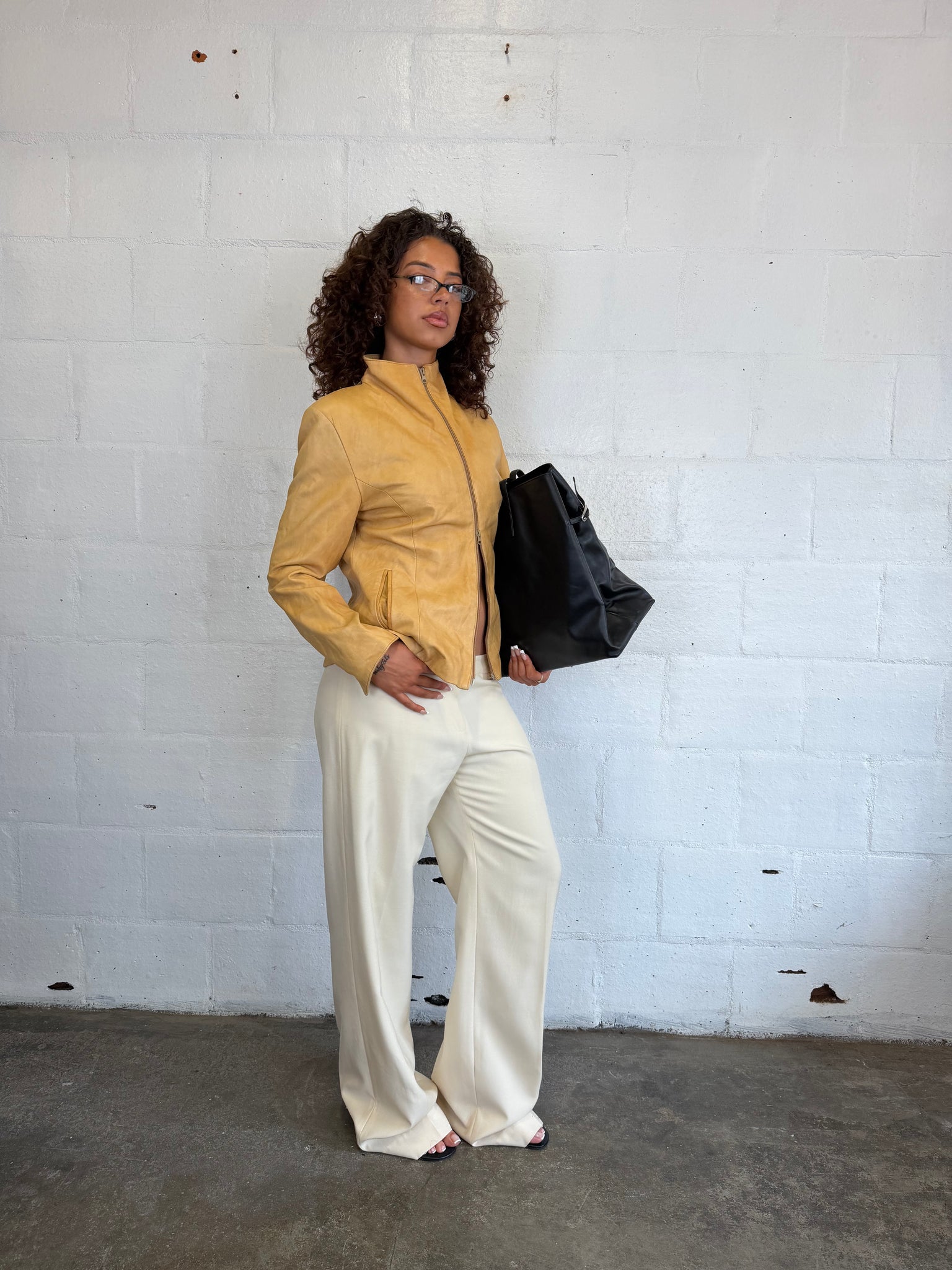 Funnel Neck Leather Jacket