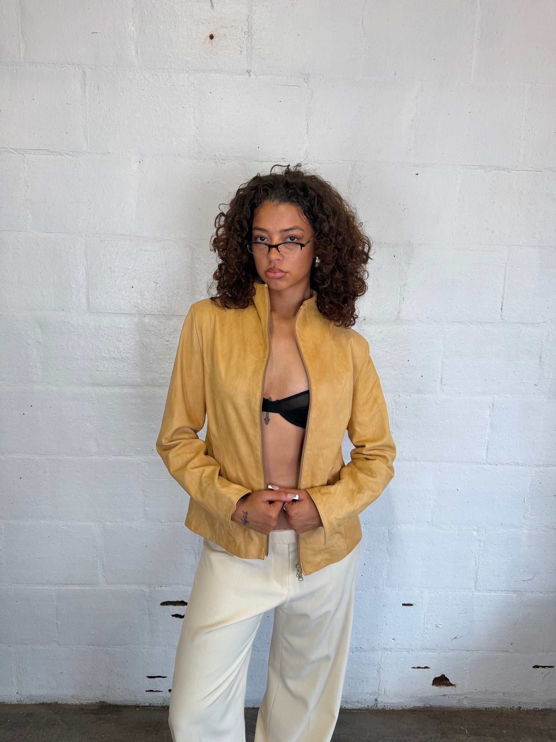 Funnel Neck Leather Jacket
