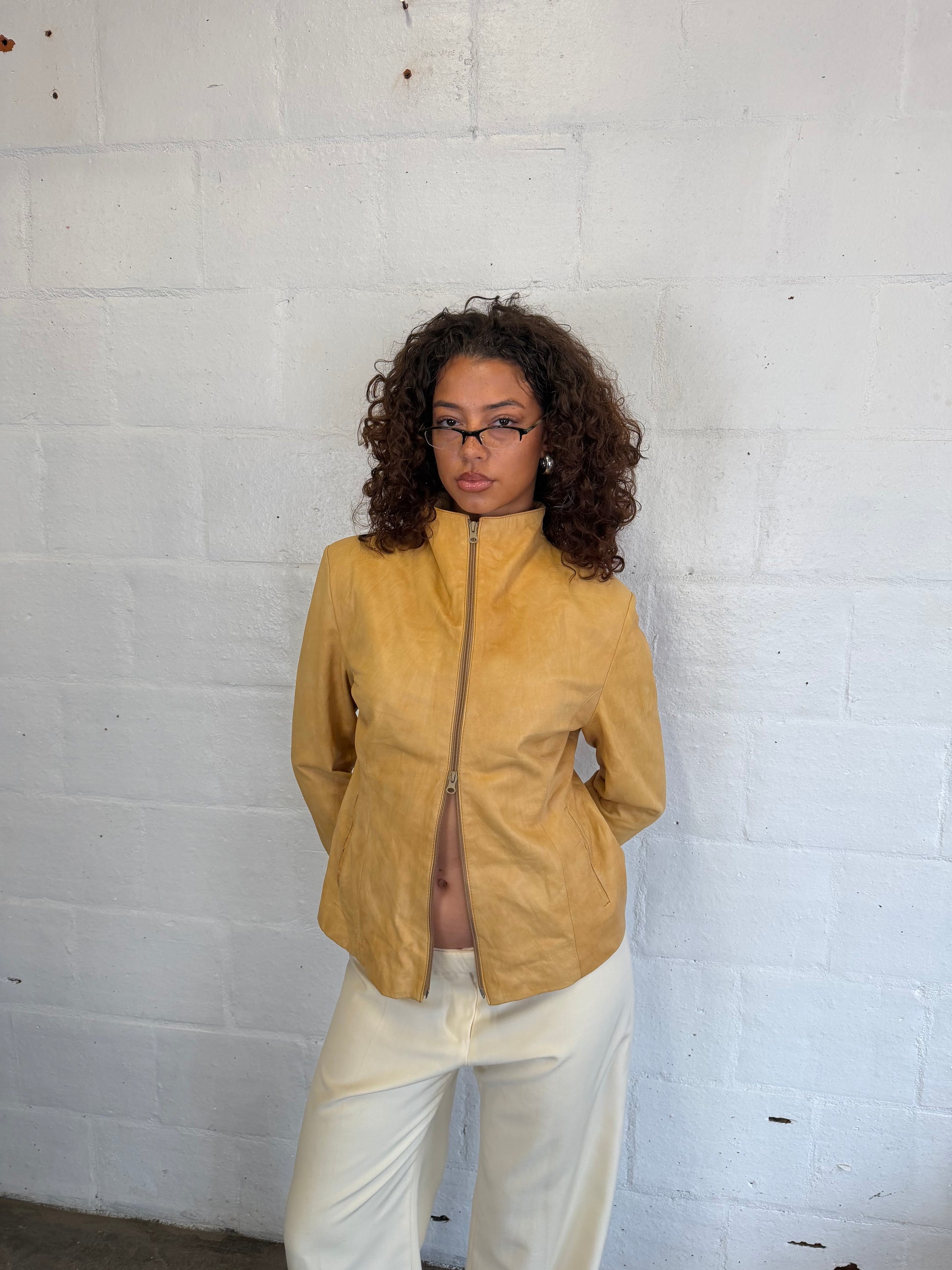 Funnel Neck Leather Jacket